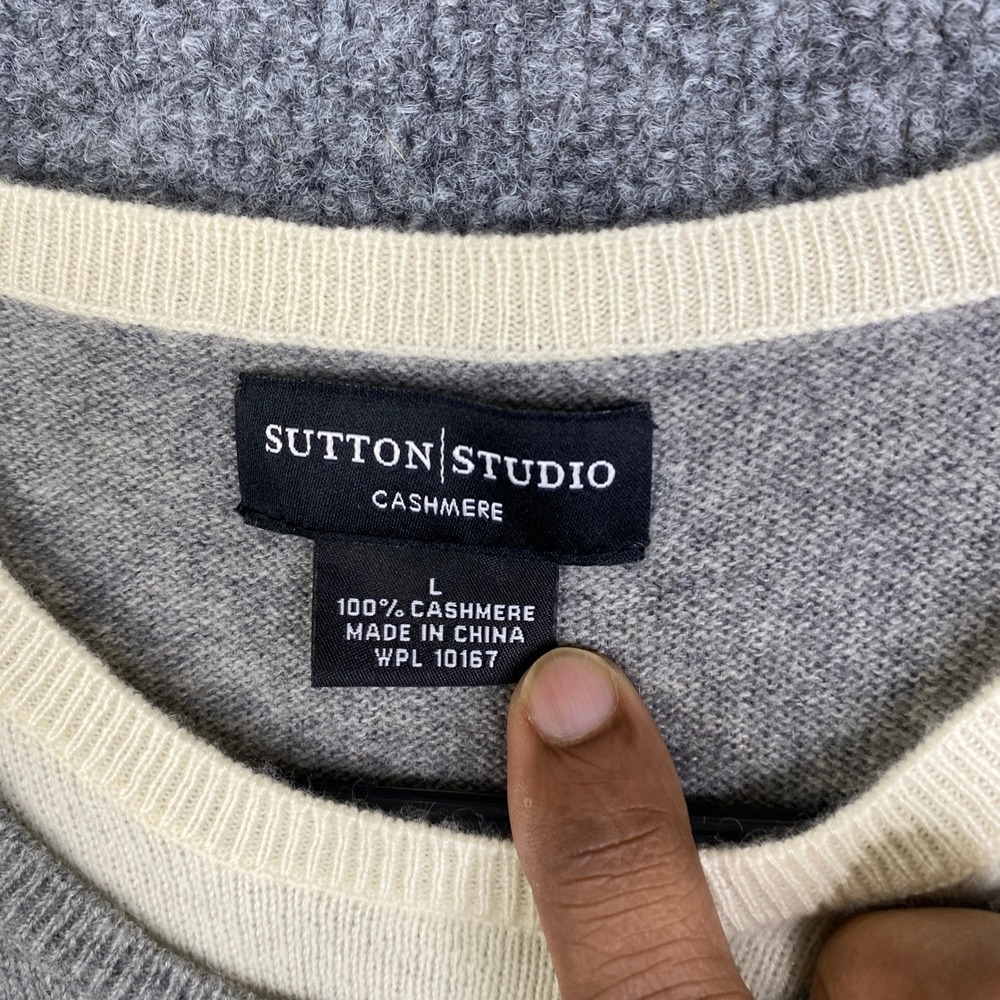 Sutton Studio Cashmere Sweater Womens Large Gray Cream Trim Crew Neck Pullover - Picture 4 of 8